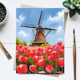 Cartão Postal Paisagem em aquarela de tulipas no campo com moinh