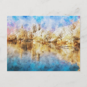 Cartão Postal Paisagem invernal no Havel com patos, aquarela.