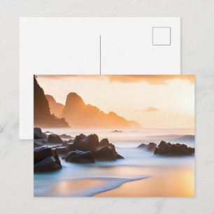 Cartão Postal Paisagem Marinha do Pôr do Sol Dourado Ondas