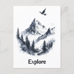 Cartão Postal Paisagem Montanha Desenho com Pássaro Voador