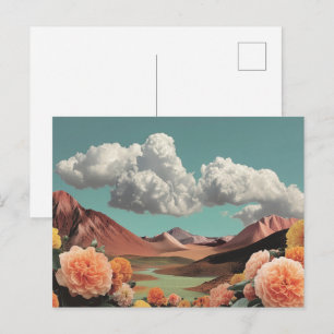 Cartão Postal Paisagem Montanhosa Floral Surrealista Com Nuvens 
