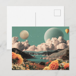 Cartão Postal Paisagem Montanhosa Surrealista com Planetas e Nuv