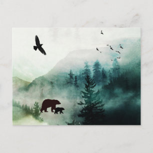 Cartão Postal Paisagem Montanhosa Ursos Pássaros Floresta