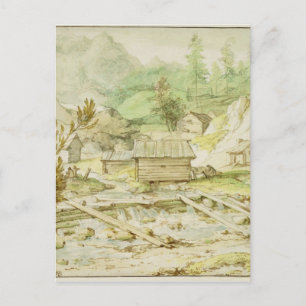 Cartão Postal Paisagem nórdica com Wooden Hut e Weir