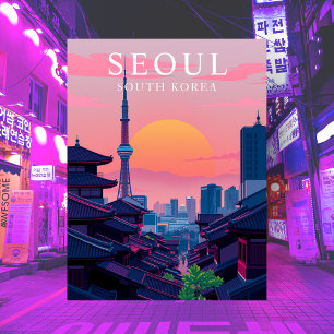 Cartão Postal Paisagem Noturna de Seul Coreia Viagem Cidade Arte