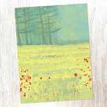 Cartão Postal Paisagem Paisagem Meadow<br><div class="desc">Uma pintura moderna e contemporânea com uma flor pacífica encheu o campo de verão com pássaros voando contra o céu e uma floresta de pinheiros à distância. Cores frescas e elevatórias amarelas e verdes. Arte original de Nic Squirrell.</div>