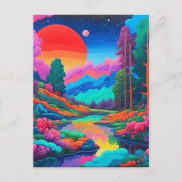 Cartão Postal Paisagem psicodélica arte rosa verde