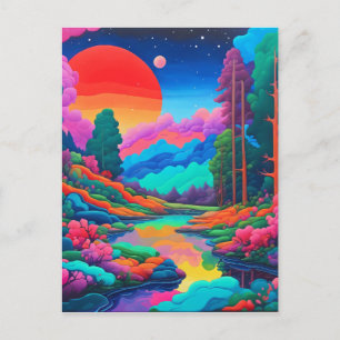 Cartão Postal Paisagem psicodélica arte rosa verde