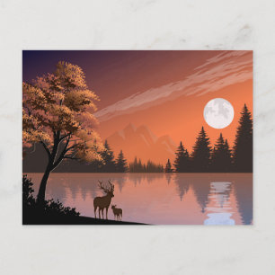 Cartão Postal Paisagem Sunrise com Lago e Deers-51207
