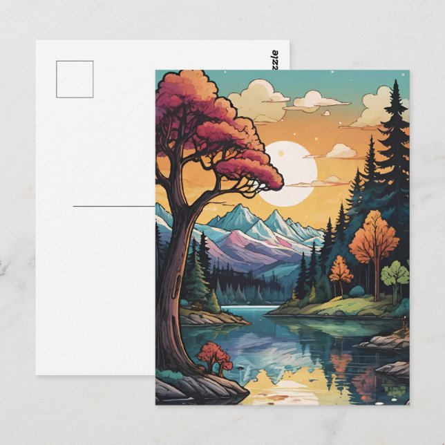 Cartão Postal Paisagem Sunset de Serenidade Lakeside Encantada (Frente/Verso)