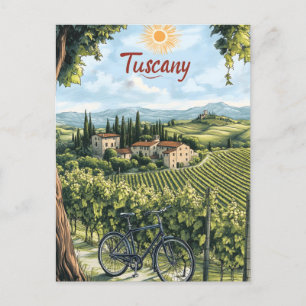 Cartão Postal Paisagem toscana com vinhedos e bicicleta