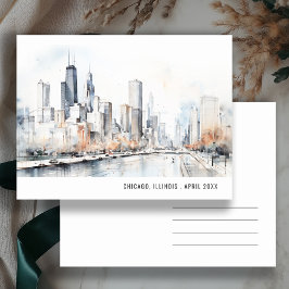 Cartão Postal Paisagem Urbana de Chicago Illinois Aquarela Viage
