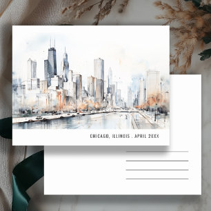 Cartão Postal Paisagem Urbana de Chicago Illinois Aquarela Viage