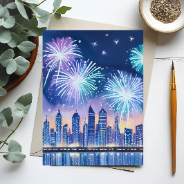 Cartão Postal Paisagem Urbana de Fogos de Artifício | Aquarela D