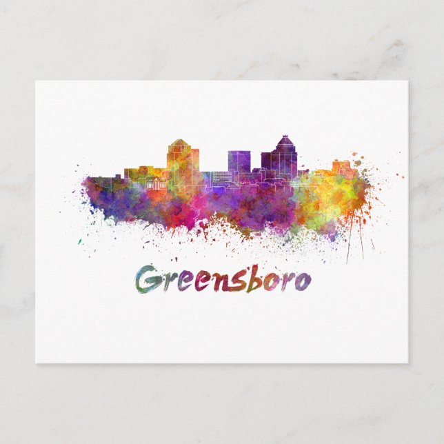 Cartão Postal paisagem urbana de Greensboro em aquarela (Frente)