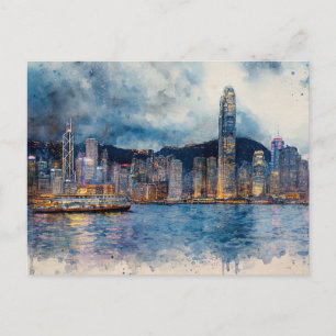 Cartão Postal Paisagem Urbana de Hong Kong - Pintura com Efeito