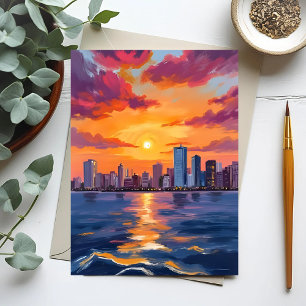 Cartão Postal Paisagem Urbana do Cidade ao Pôr do Sol Aquarela