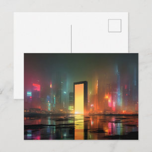 Cartão Postal Paisagem Urbana Futurista com Reflexos de Neon
