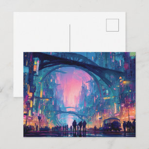 Cartão Postal Paisagem urbana futurista Cyberpunk com arcos bril