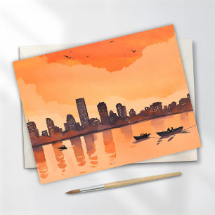 Cartão Postal Paisagem Urbana Pôr do Sol   Aquarela da Silhueta 