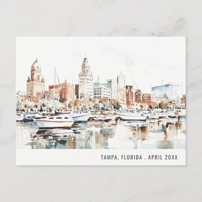 Cartão Postal Paisagem Urbana Tampa Flórida Aquarela Viagem (Frente)