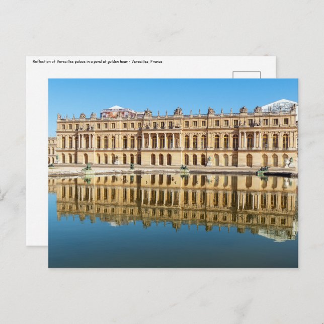 Cartão Postal palácio de Versalhes e reflexo em um lago (Frente/Verso)
