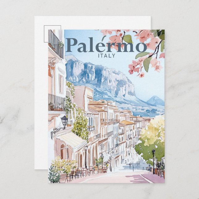 Cartão Postal Palermo Itália Watercolor Painting Viagem (Frente/Verso)