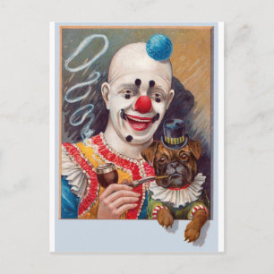 Cartão Postal Palhaço de Circo Antigo com seu Cão Pug de Circo