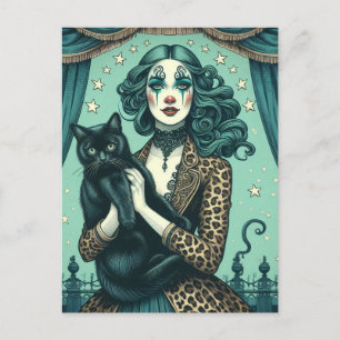 Cartão Postal Palhaço de circo e Gatinho preto