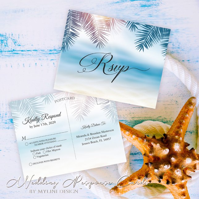 Cartão Postal Palm Tree Tropical Island Beach Weding RSVP Card (Criador carregado)