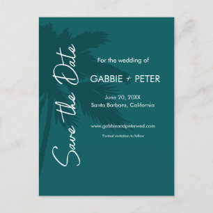 Cartão Postal Palm Tree Typografia Moderna Teal Salve a Data