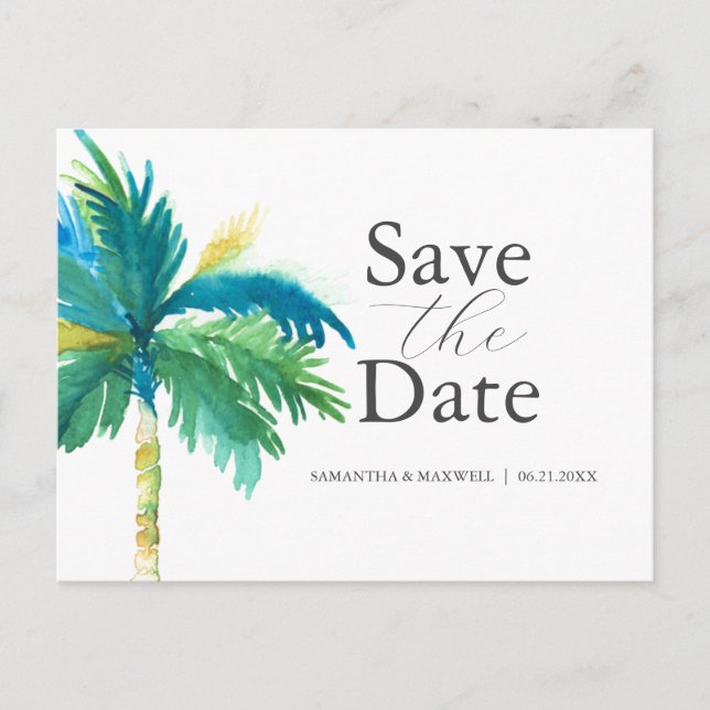 Cartão Postal Palm Tree Weding Date (Salvar A Data) (Frente)