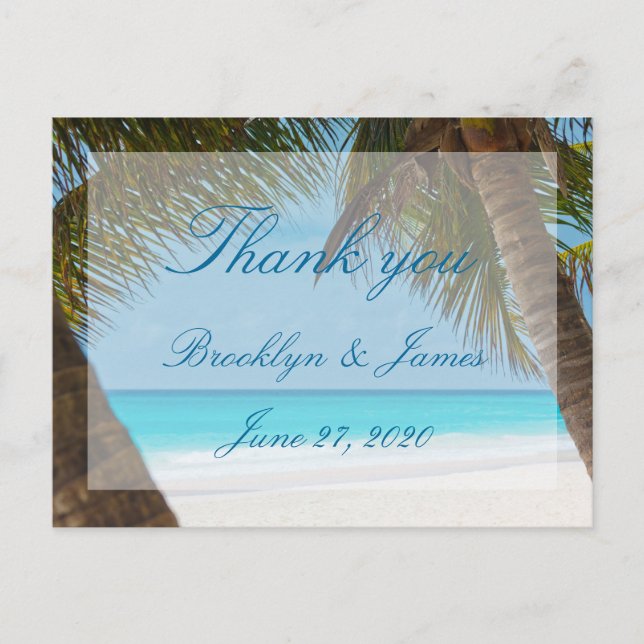 Cartão Postal Palm Trees On Beach Weding Obrigado Postcards (Frente)