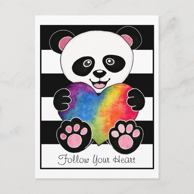 Cartão Postal Panda Cuta De Aquarela Com Coração Arco-Íris (Frente)