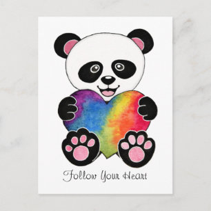 Cartão Postal Panda Cuta De Aquarela Com Coração Arco-Íris