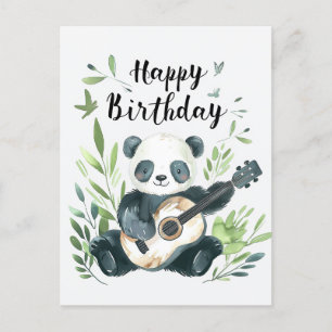 Cartão Postal Panda fofo em aquarela tocando violão de aniversár