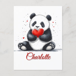 Cartão Postal Panda Fofo Segurando Coração com Nome Personalizáv