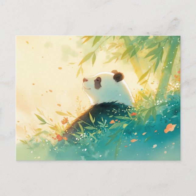 Cartão Postal Panda Sereno na Floresta de Bambu Iluminada pelo S (Frente)