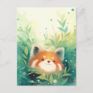 Cartão Postal Panda Vermelho Feliz no Jardim Verde