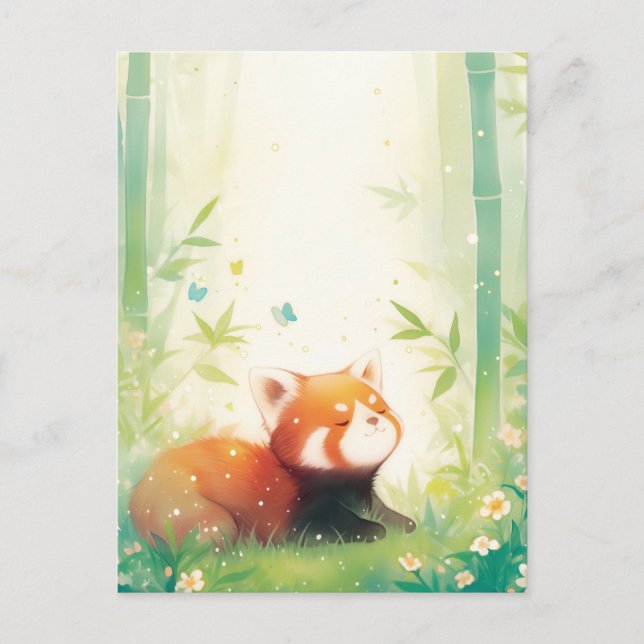 Cartão Postal Panda Vermelho Fofo na Floresta de Bambu (Frente)