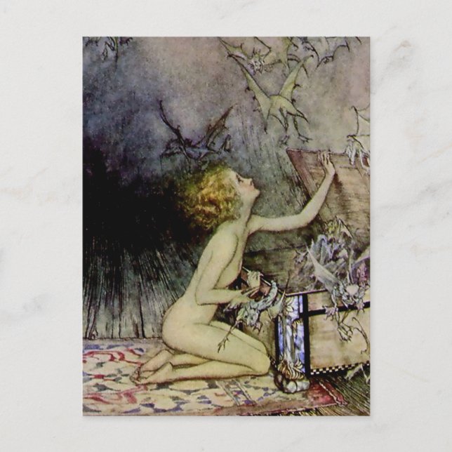 Cartão Postal “Pandora Abre a Caixa” por Arthur Rackham (Frente)