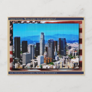 Cartão Postal Panorama de Los Angeles Califórnia Linho + Bandeir