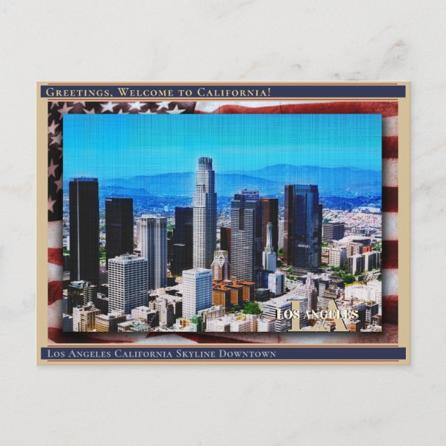 Cartão Postal Panorama de Los Angeles Califórnia Linho + Bandeir (Frente)