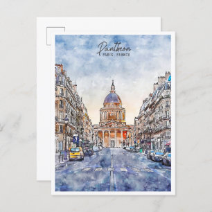 Cartão Postal Pantheon Paris França viagens vintage aquarela