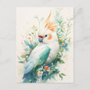 Cartão Postal Papagaio Branco com Crista Laranja e Folhagem Azul