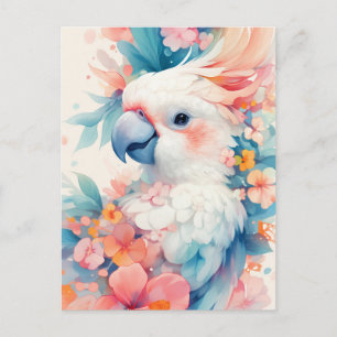Cartão Postal Papagaio Cacatua Branco com Flor de Hibisco Rosa