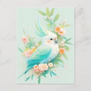 Cartão Postal Papagaio Cacatua Branco e Azul Turquesa com Flor d