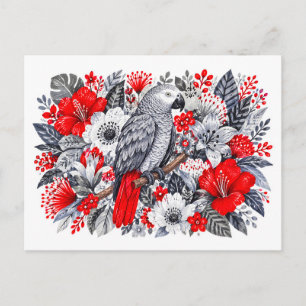 Cartão Postal Papagaio Cinzento Africano Hibisco Vermelho Ilustr