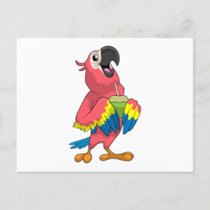 Cartão Postal Papagaio e coco com palha de Bebendo