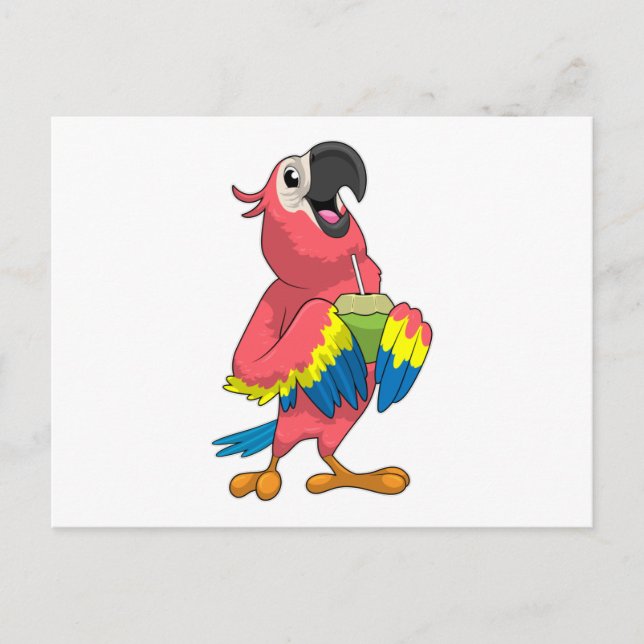 Cartão Postal Papagaio e coco com palha de Bebendo (Frente)